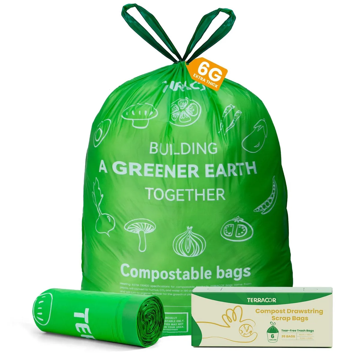 White compostable drawstring trash bag roll, 6 gallon capacity