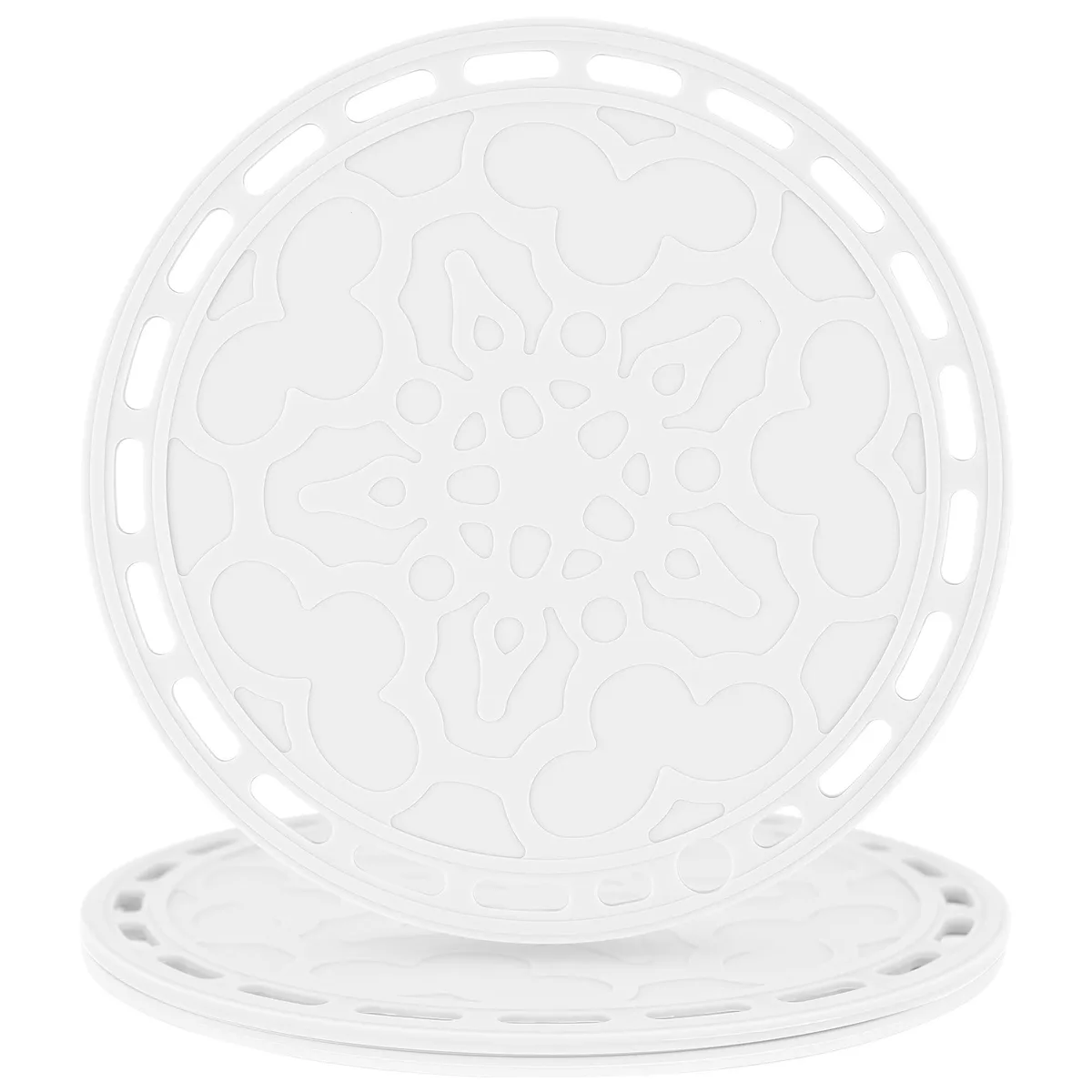 Three white round silicone mats with textured surface, each 7.87 inches diameter