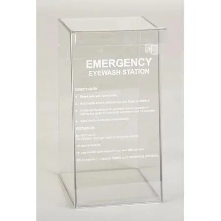 Clear wall-mounted eyewash station with hinged door and 32 oz bottle