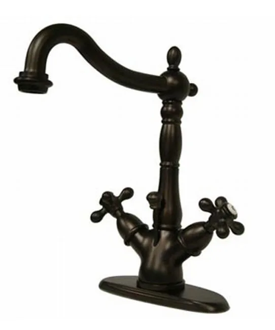 Oil-rubbed bronze centerset faucet with two lever handles and pop-up drain