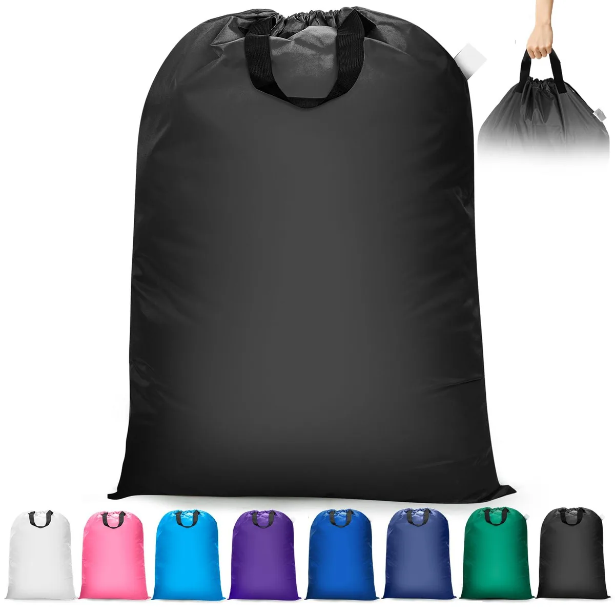 Black extra-large laundry bag with drawstring and two handles, 28 by 40 inches