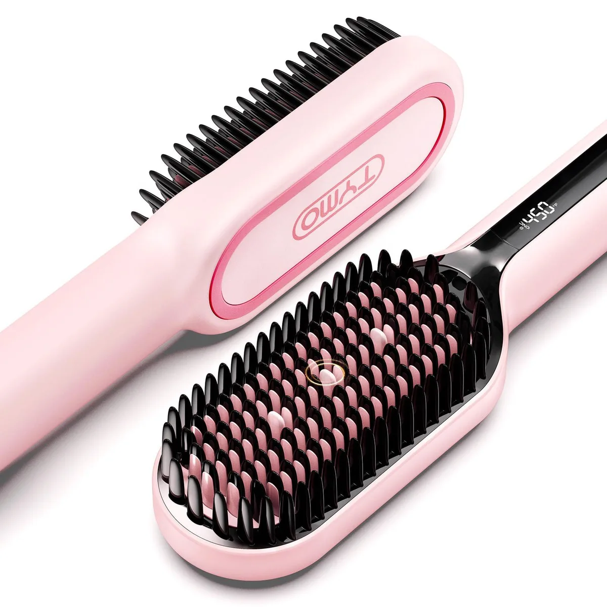Pink straightening brush with dense ceramic bristles and LED display
