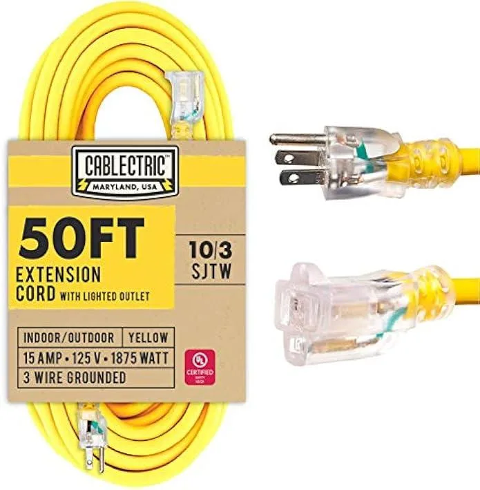 Yellow 50 ft 10 gauge extension cord with lighted three prong end