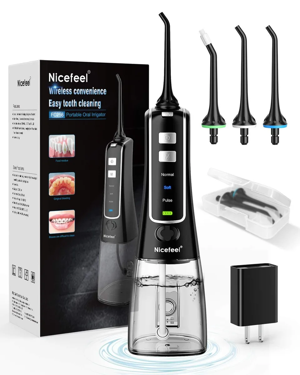 Black cordless water flosser with 300ml tank and four tips