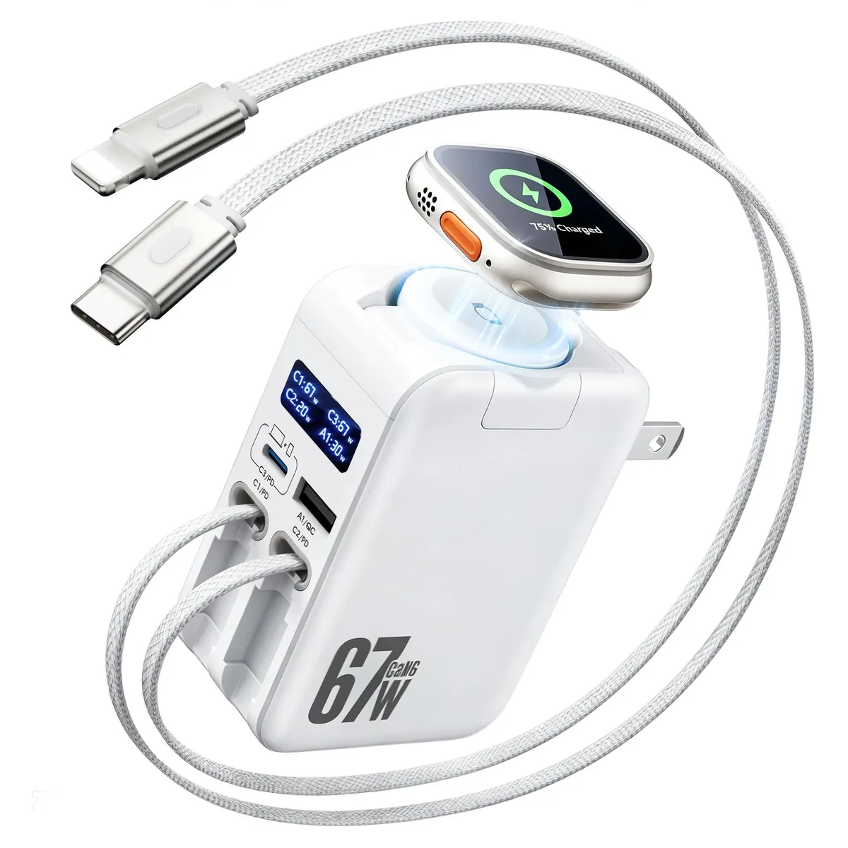 HATALKIN 67W 5-in-1 retractable wall charger with flip-up Apple Watch pad, two braided cables and two extra ports