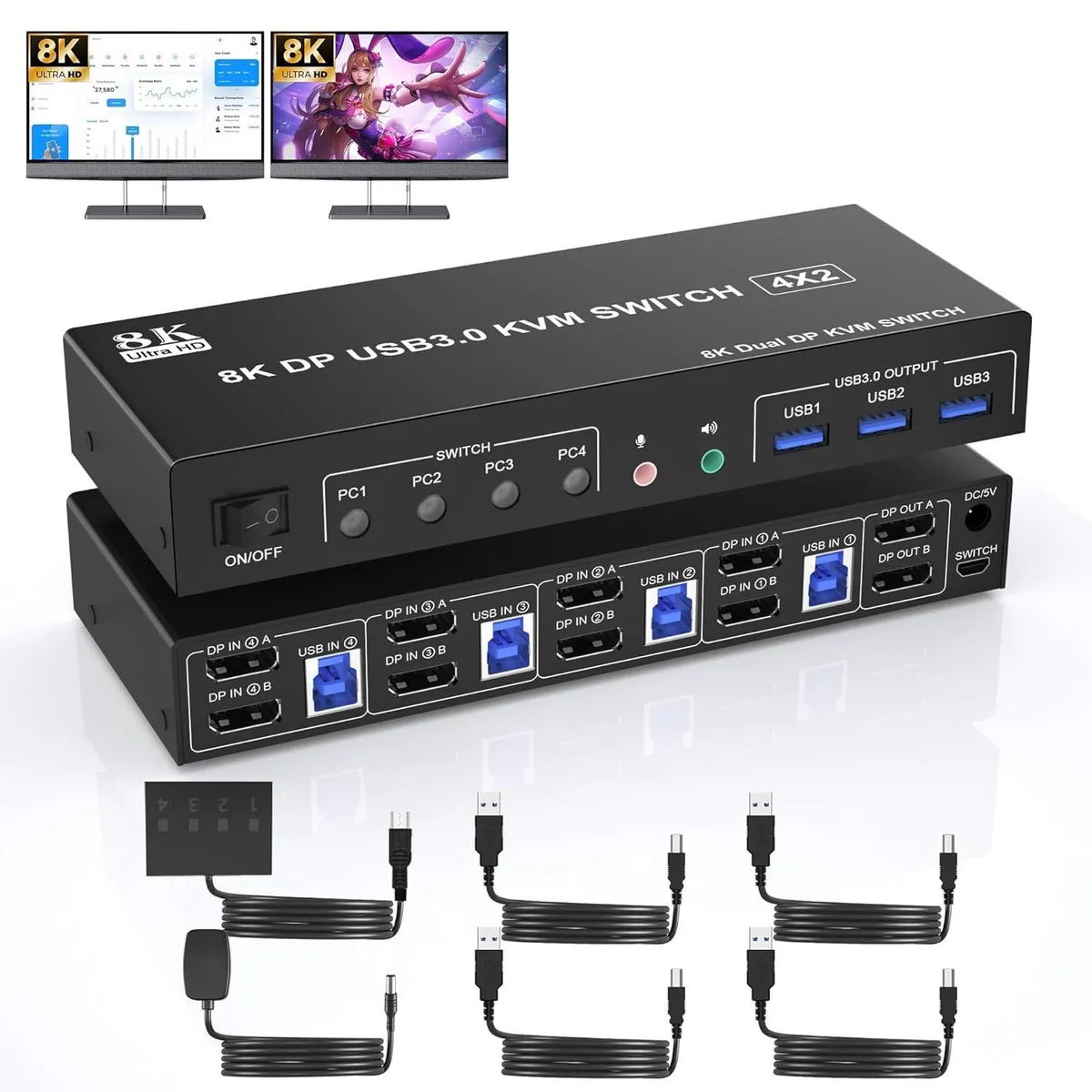 WRIARICH WRIARICH 8K@60Hz DP KVM Switch 4 PC 2 Monitors 3 USB 3.0 Ports — product photo