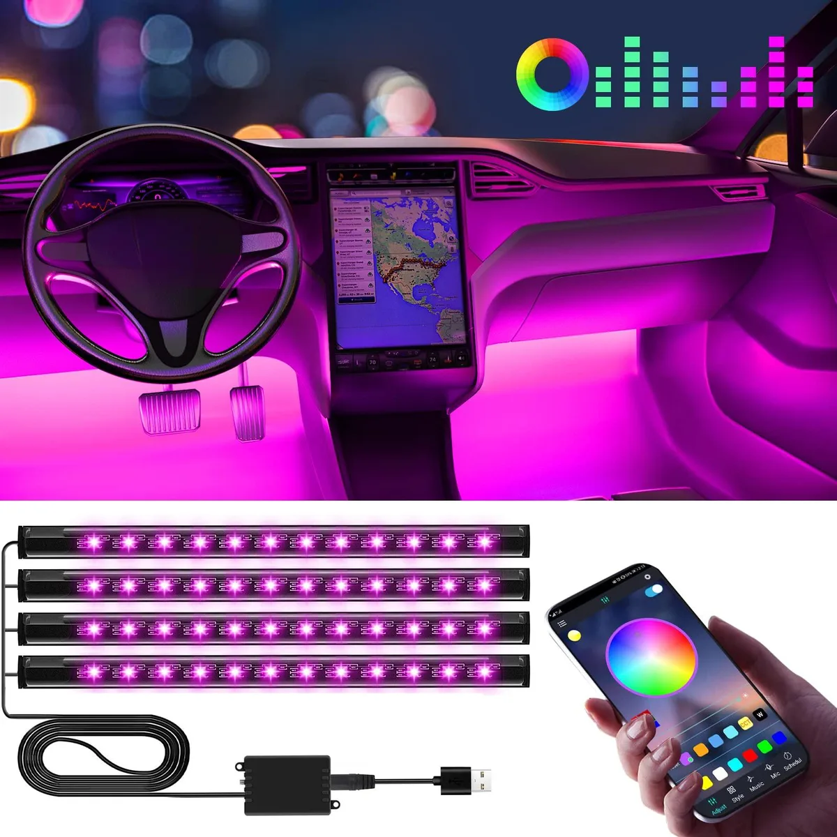 White acrylic LED light strips with clear prismatic glass, USB-powered, app-controlled colour changing interior lighting kit