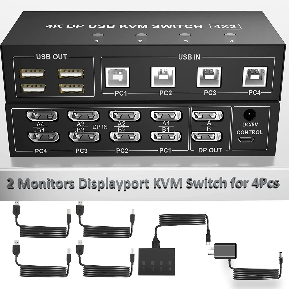 FOCUSTEC FOCUSTEC DisplayPort KVM Switch 4 Computers 2 Monitors 4K@60Hz DP 1.2 3840x2160 — product photo