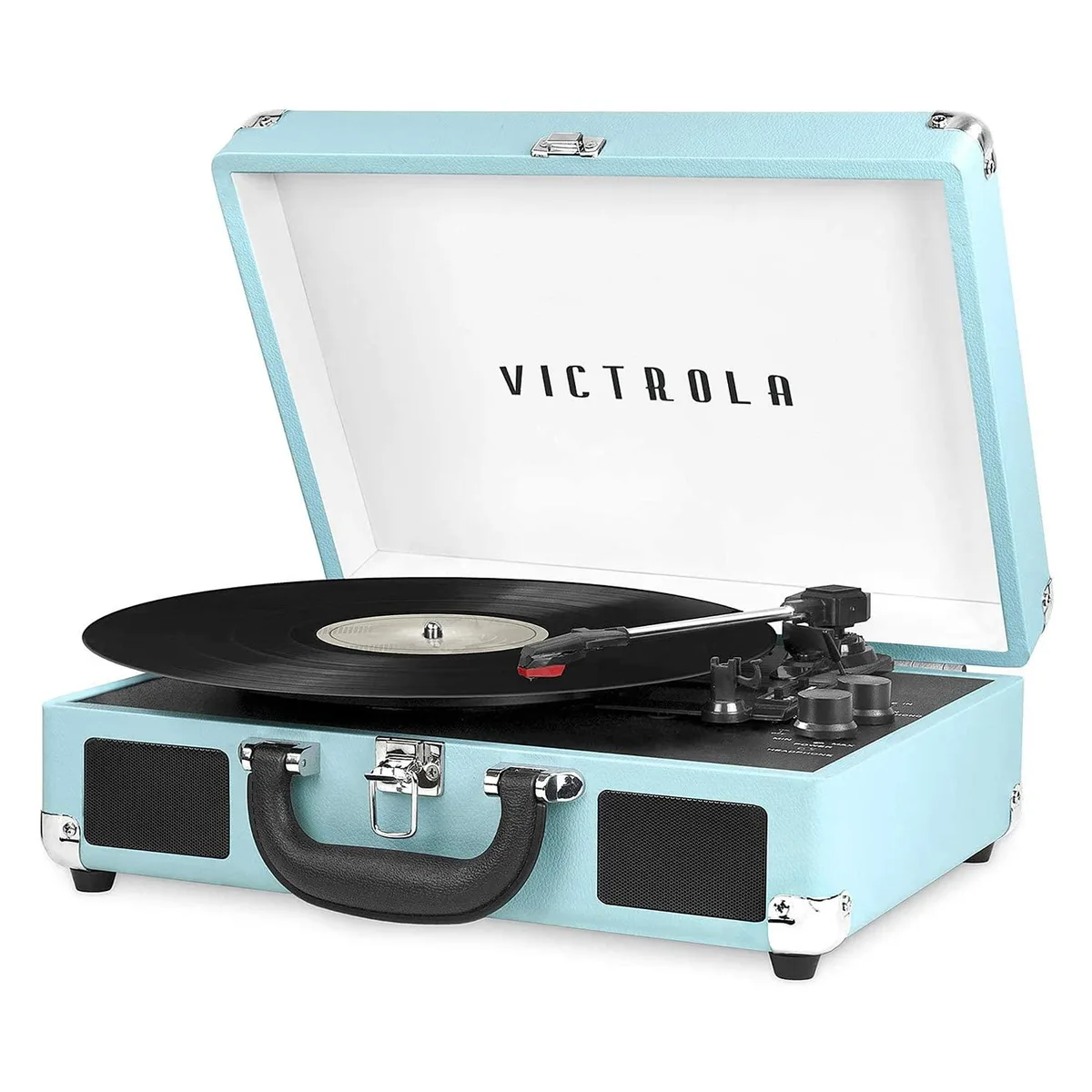 Turquoise suitcase-style record player with carry handle, closed lid showing textured finish