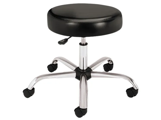 Black backless medical exam stool with circular vinyl seat and polished aluminum five-star base
