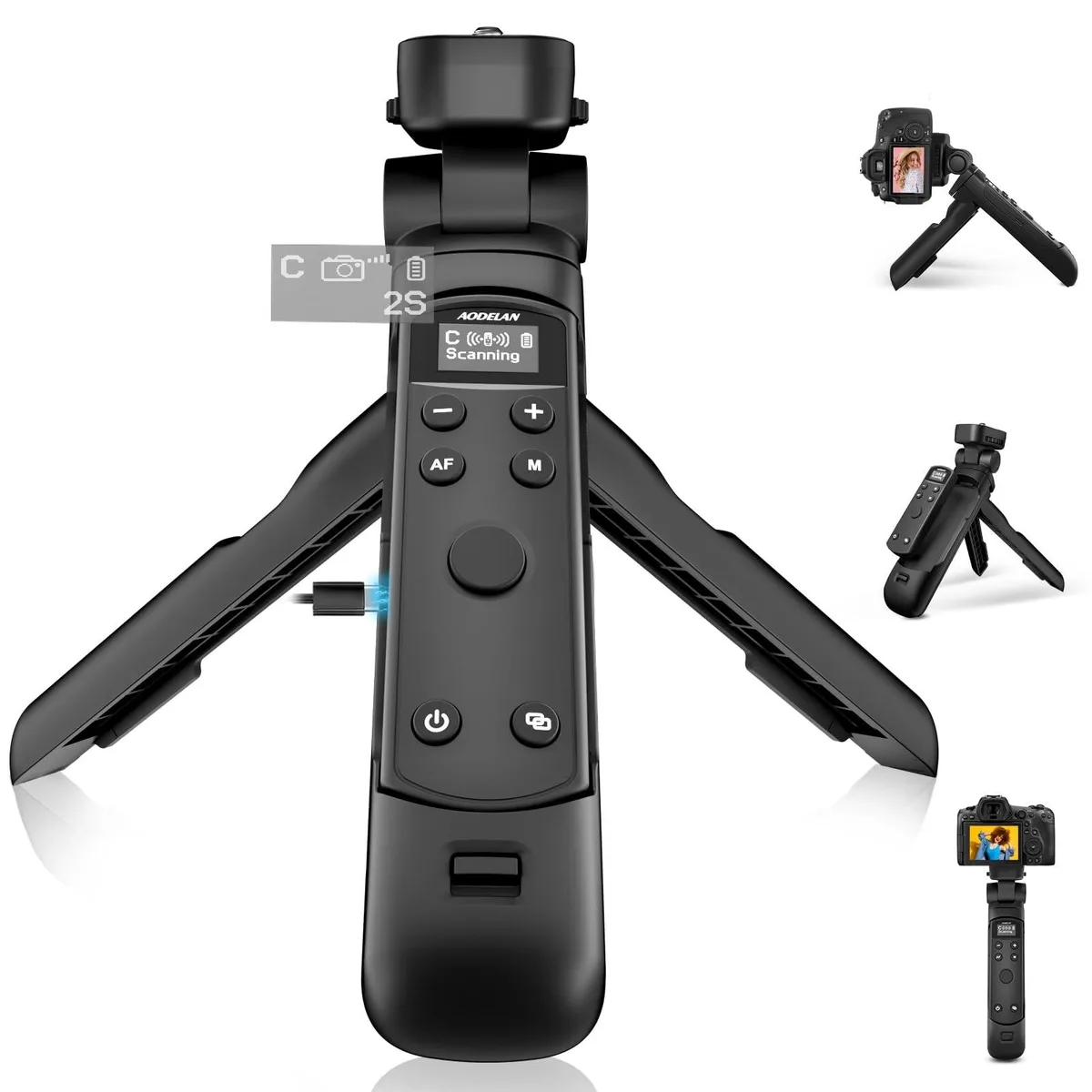 Black wireless camera grip tripod with OLED screen and USB-C charging