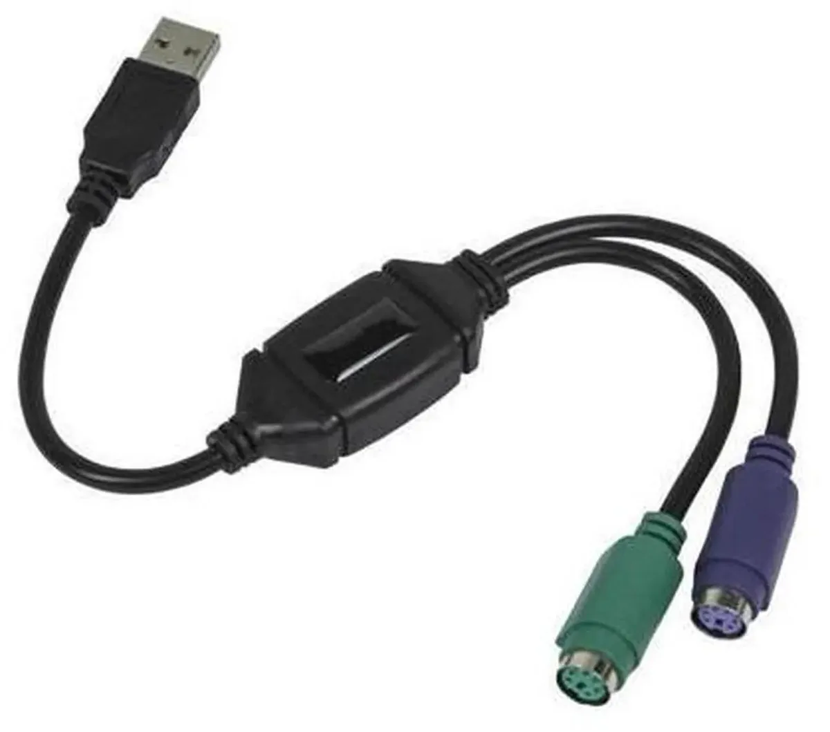 Black active adapter cable with USB male plug and two PS/2 female ports