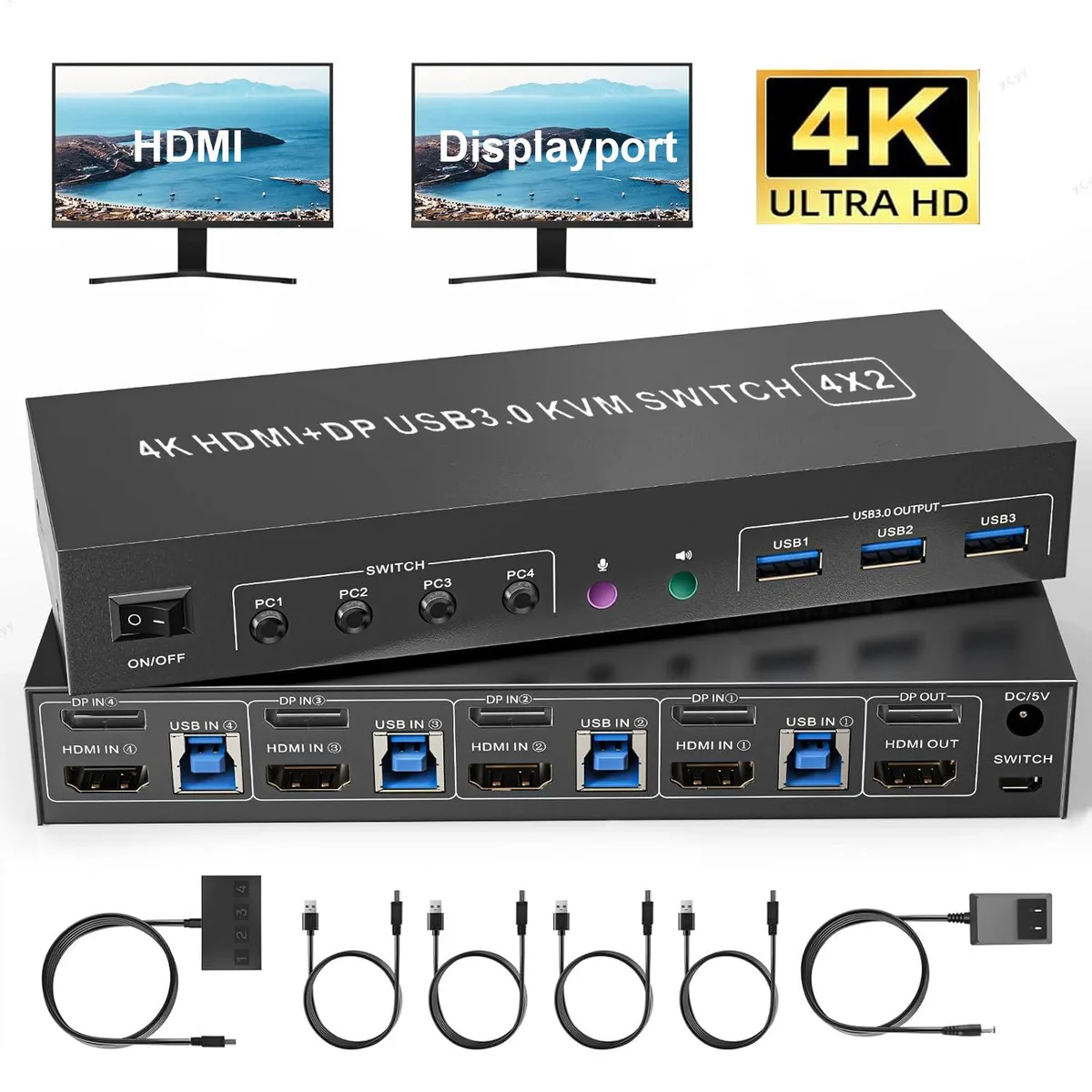 Hitoor Hitoor 4K KVM Switch 2 Monitors 4 Computers Dual Monitor HDMI DisplayPort USB 3.0 — product photo