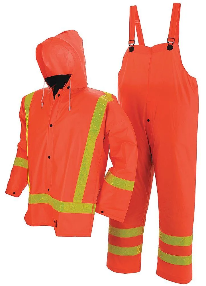 Orange three-piece flame-resistant rain suit with detachable hood, polyester and PVC fabric, 0.35 mm thickness