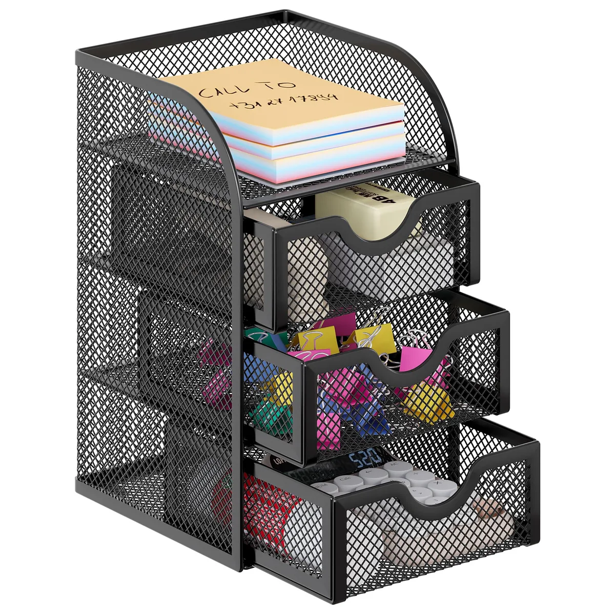 Black powder-coated mesh desk organizer with three pull-out drawers and top compartment