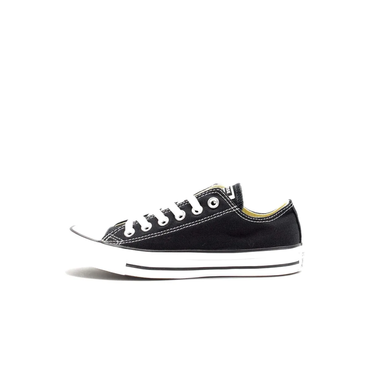 Black canvas low-top sneaker with white rubber toe cap and diamond tread sole