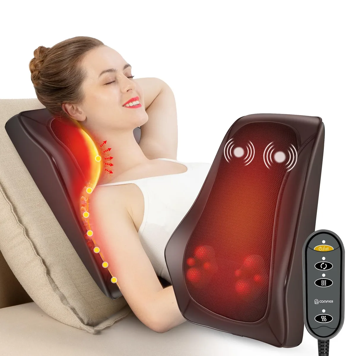 Black leather massage pillow, rectangular with rounded edges, corded electric, adjustable flap visible