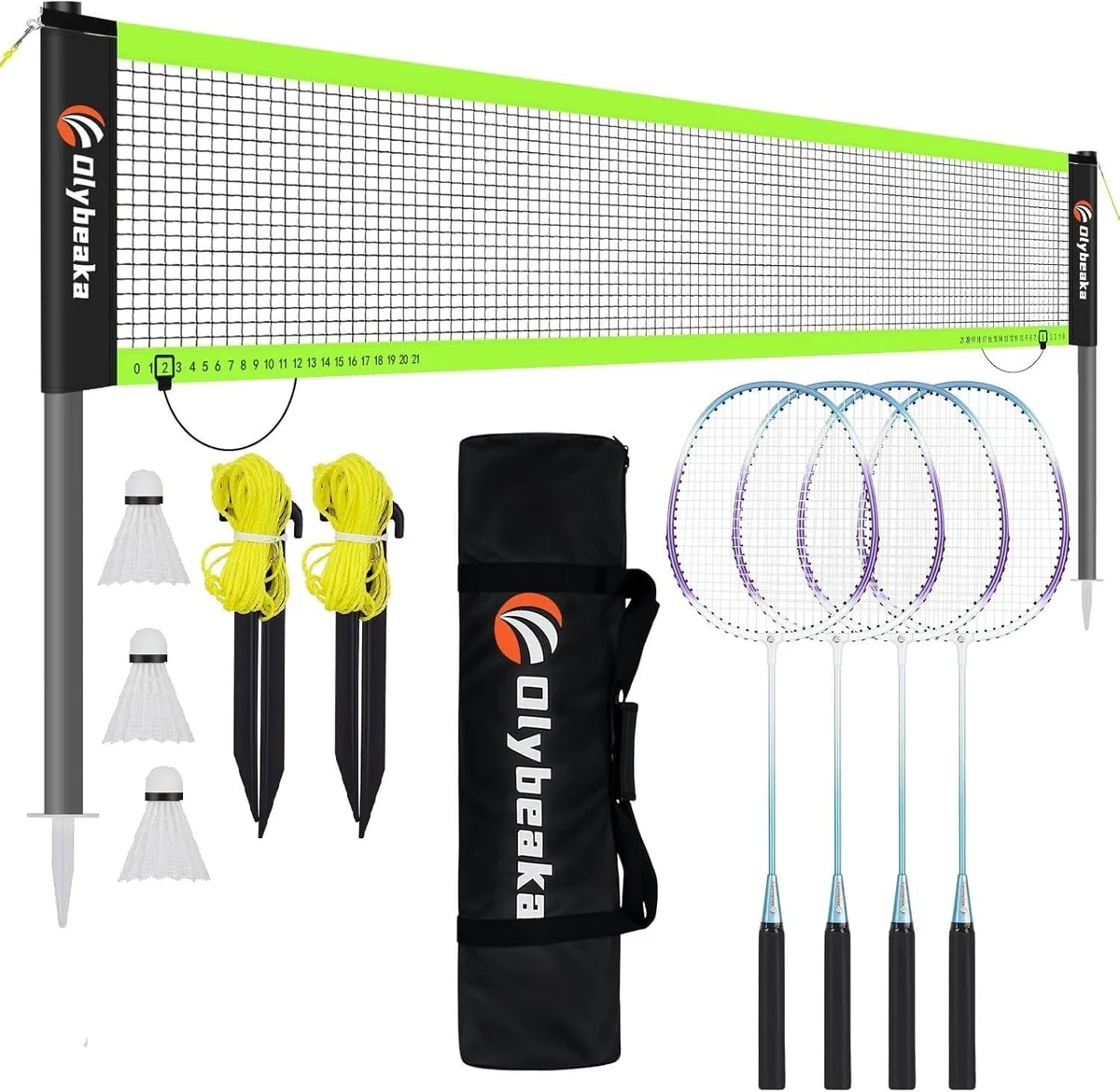 Black 20ft badminton net with four aluminum rackets, three shuttlecocks, steel poles and carry bag