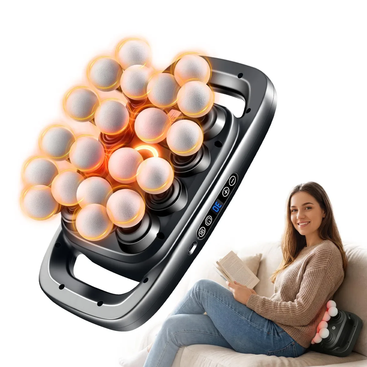 Gray handheld massage gun with ergonomic handle and LED display