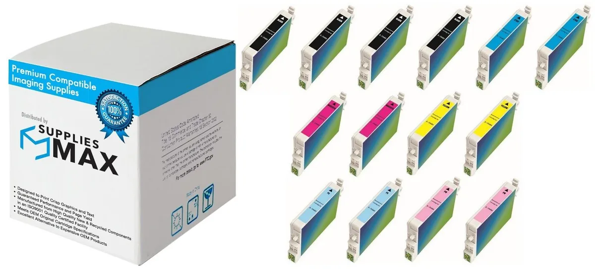 Rectangular cardboard box containing six inkjet cartridges in black cyan magenta yellow light cyan light magenta