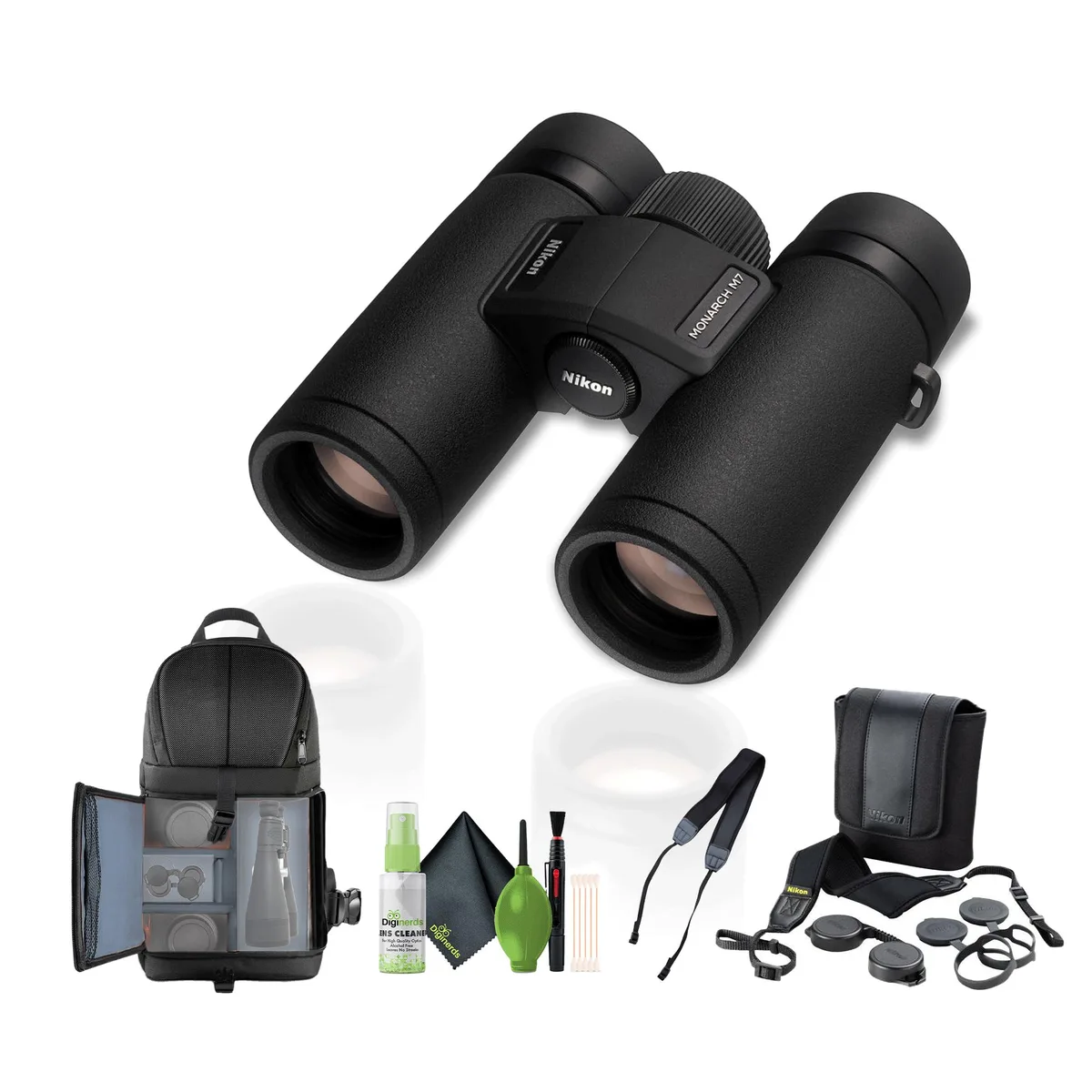 Black 10x30 binoculars with rubber-armoured body and included neck strap