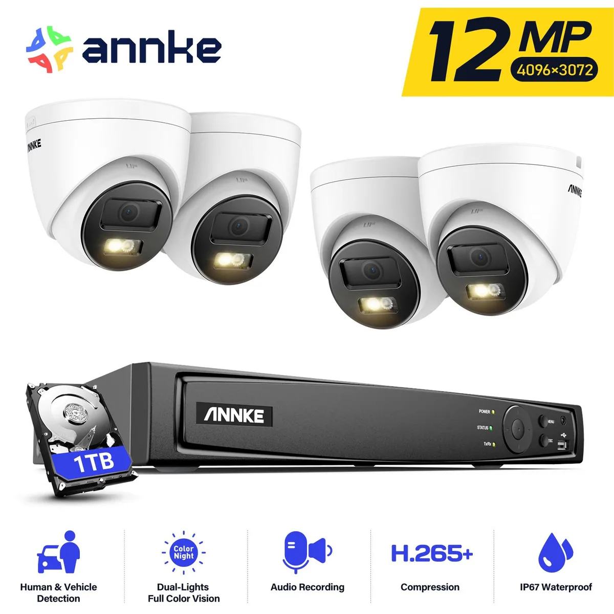 Annke Annke 8‑channel 12MP PoE NVR kit, 4 turret cameras, 1TB HDD — product photo