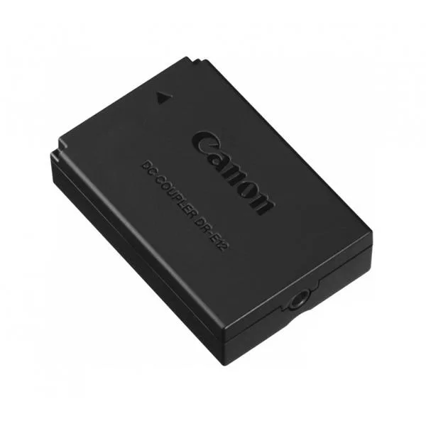 Canon DR-E12 DC coupler, compact black plastic body with battery-shaped insert and cable port