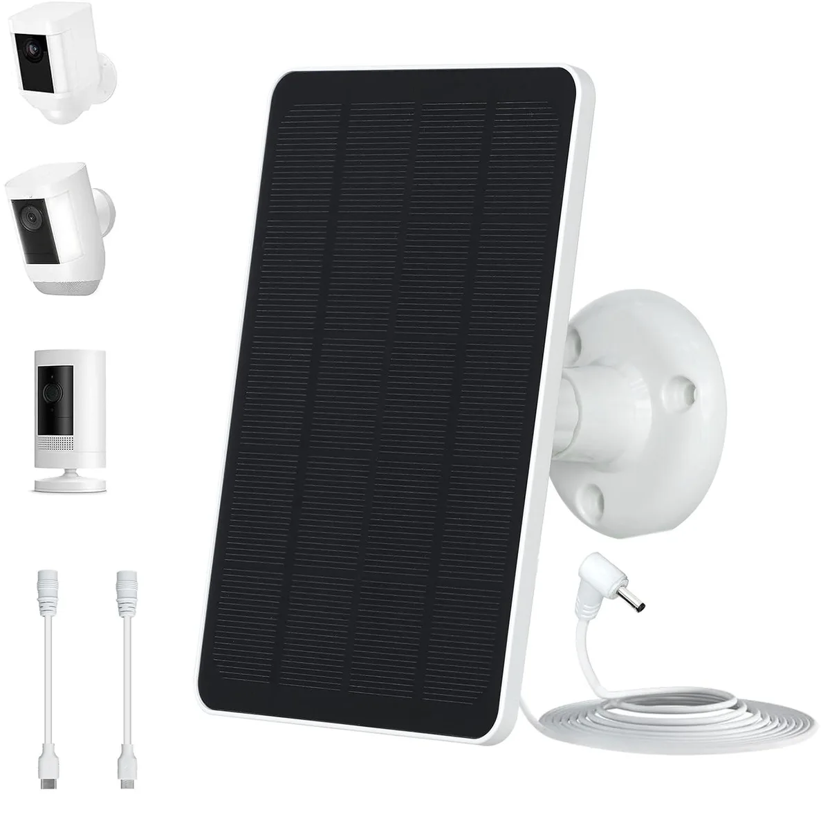 Small rectangular solar panel with matte dark surface, 360-degree wall mount, and 9.8ft charging cable