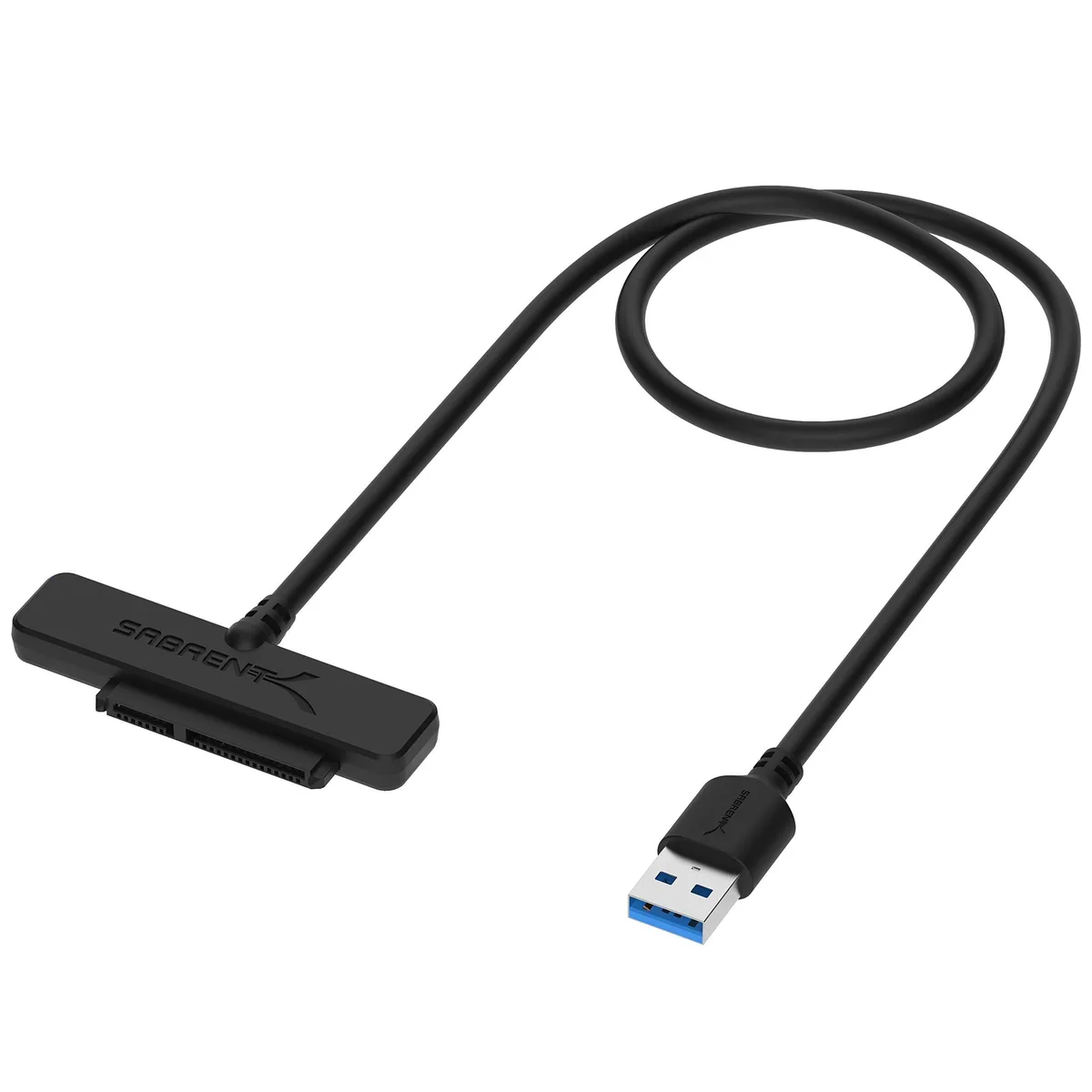 Black matte USB-A to 2.5 SATA adapter cable, compact rounded plastic body