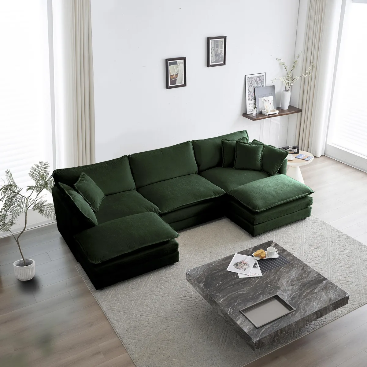 Green chenille U-shaped sectional sofa with reversible footrest and two ottomans