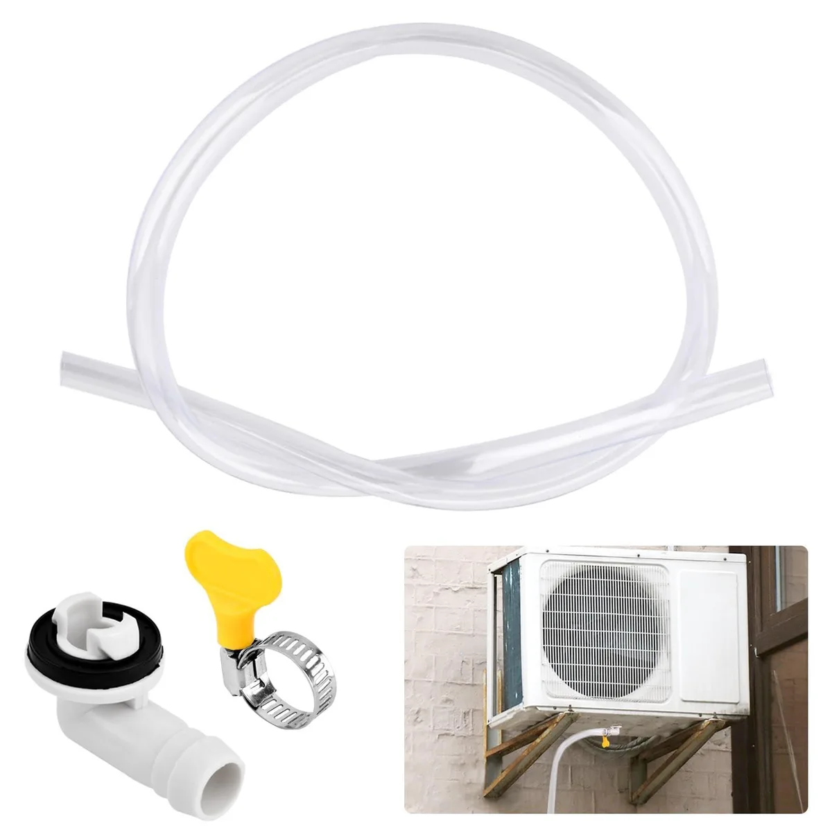 Yellow transparent PVC drain hose with elbow connector and clamp