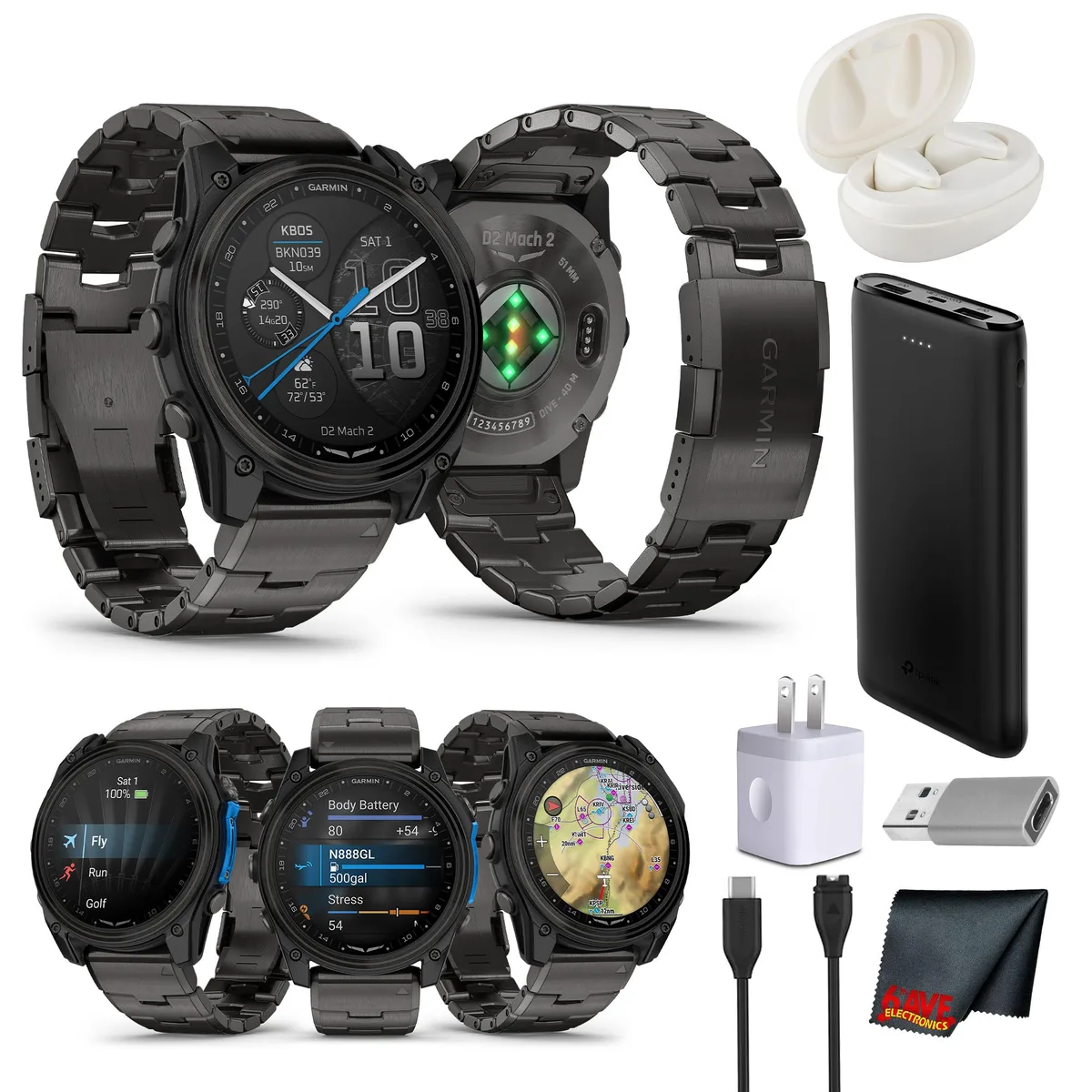 Garmin Garmin D2 Mach 2 Aviator Smartwatch 51 mm Carbon Grey Titanium Bundle wearable technology — product photo