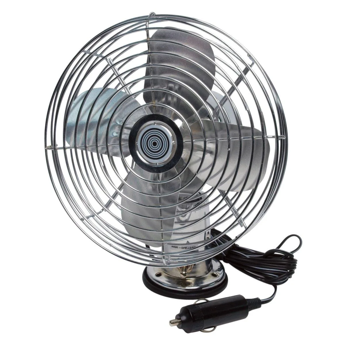 Chrome-finish metal 7.5 inch fan on adjustable swivel base