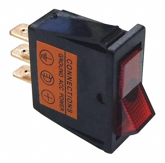 Black rocker switch with red illuminated actuator, panel mount design