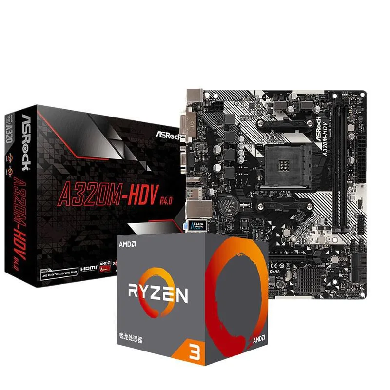 AMD AMD Ryzen 3 4100 65W Desktop Processor and ASRock A320M-HDV R4.0 Motherboard — product photo