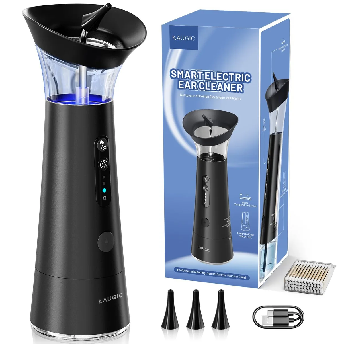 Matte black ear wax removal device with integrated water tank, one-hand operation, temperature indicator lights and four cleaning modes