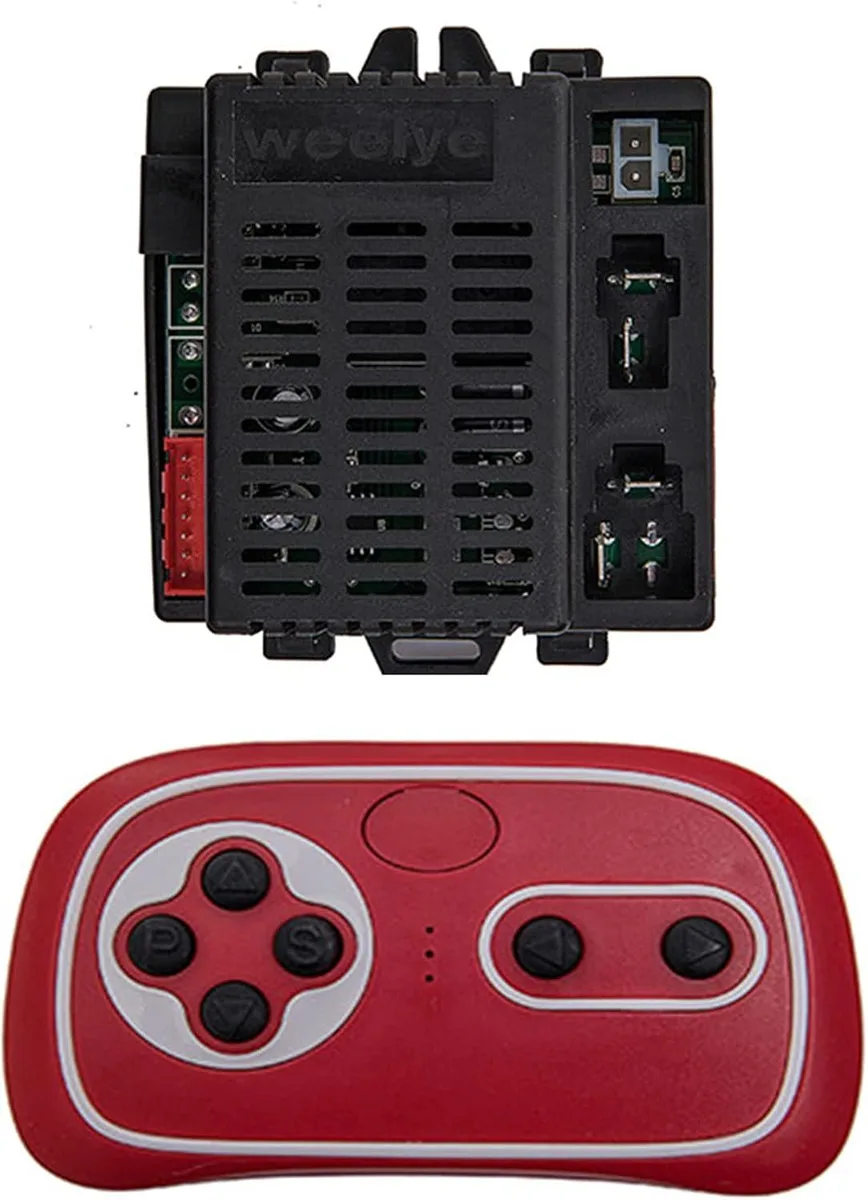 Black rectangular remote with buttons and white pairing button alongside small control box with seven-pin socket
