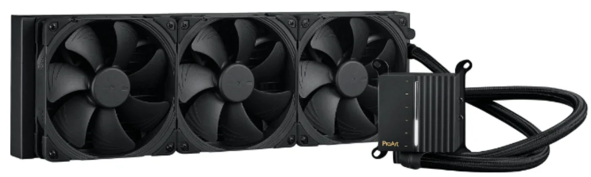 Black 420 mm radiator with three 140 mm fans and illuminated CPU block