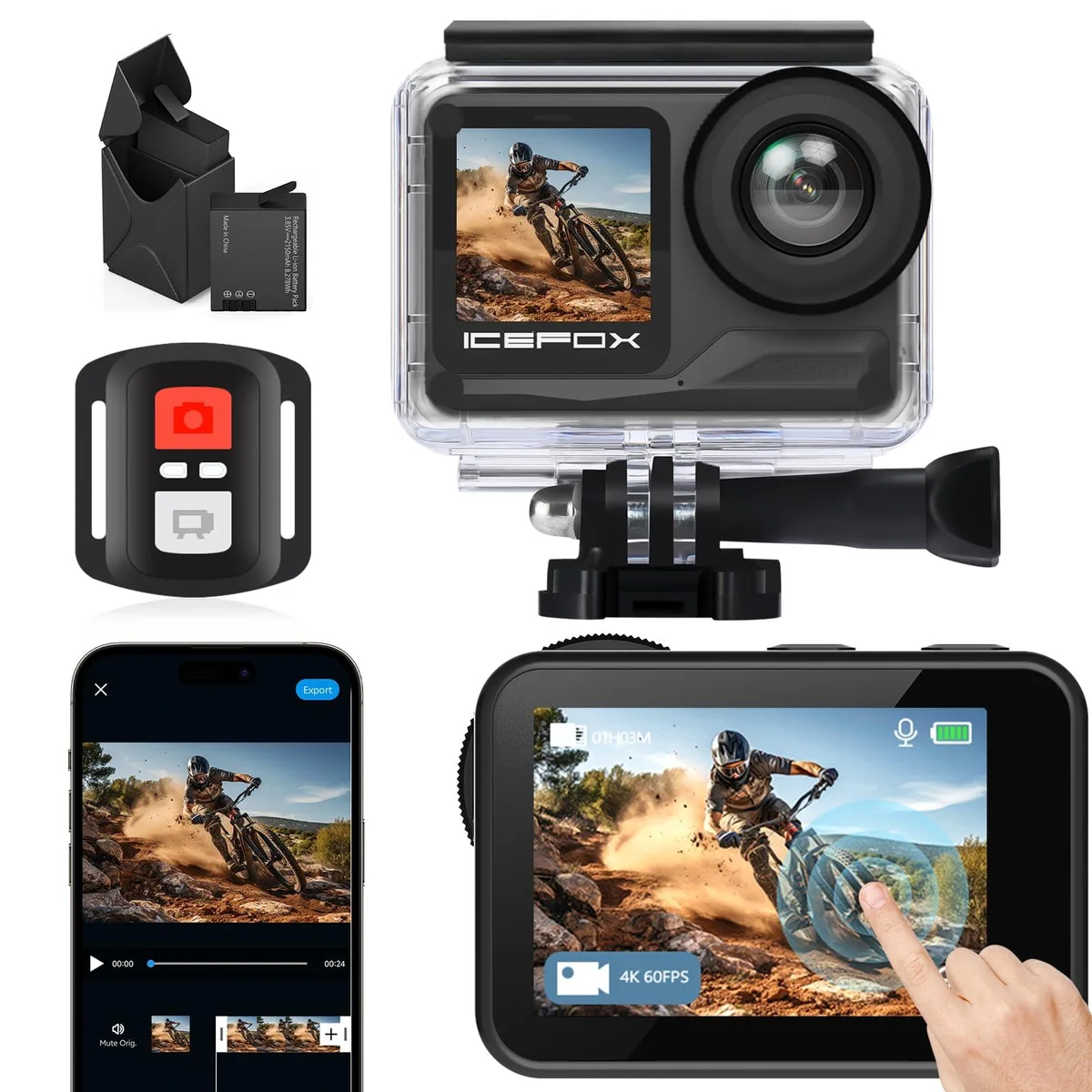Black rectangular action camera with wide lens and WiFi branding