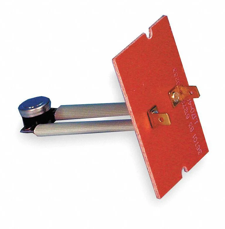 Small metal HVAC plenum thermostat with insertion probe and terminal connections