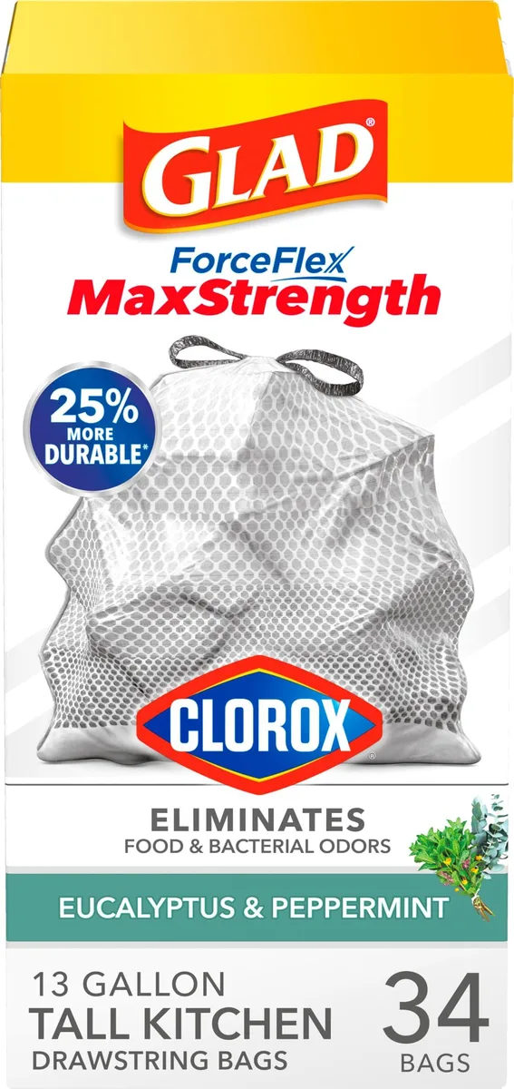 A pack of 34 gray 13-gallon drawstring trash bags
