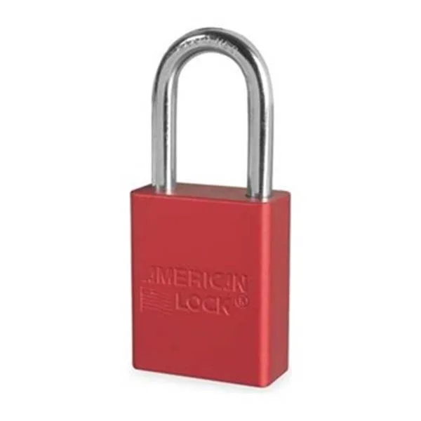 Red anodized aluminum safety padlock with boron alloy shackle