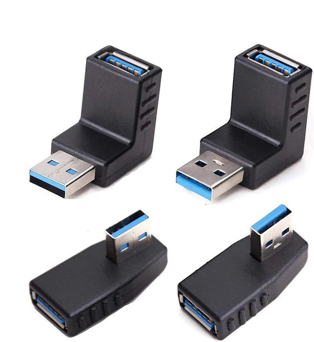 Four USB 3.0 90-degree male-to-female adapters in up, down, left and right orientations