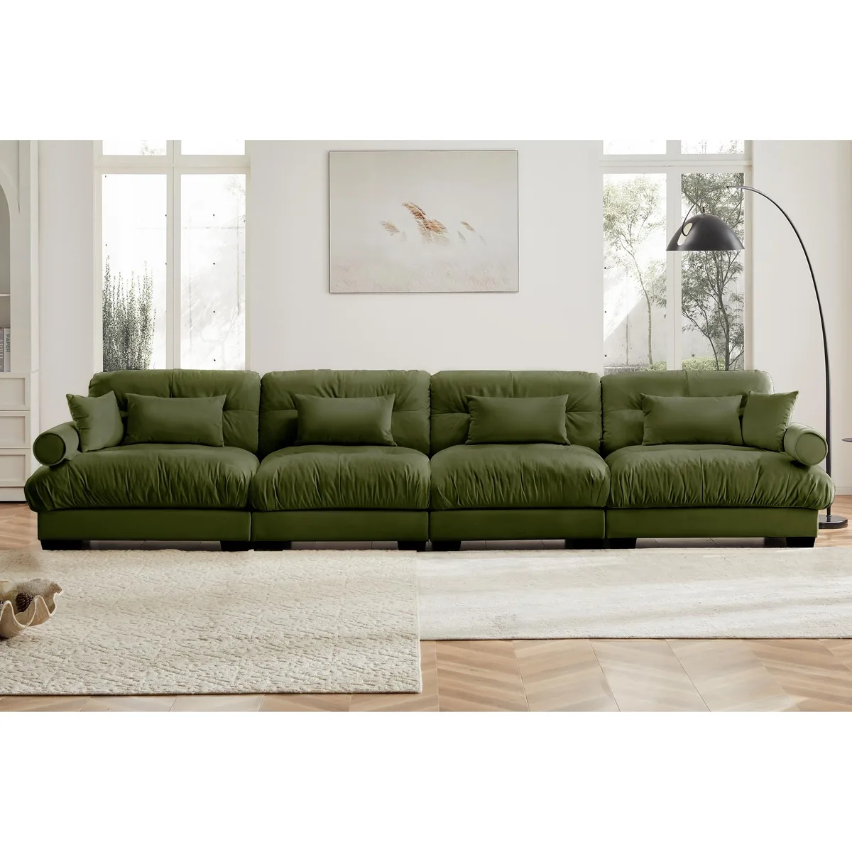 Olive green modular velvet sectional sofa with movable ottoman and bolstered armrests