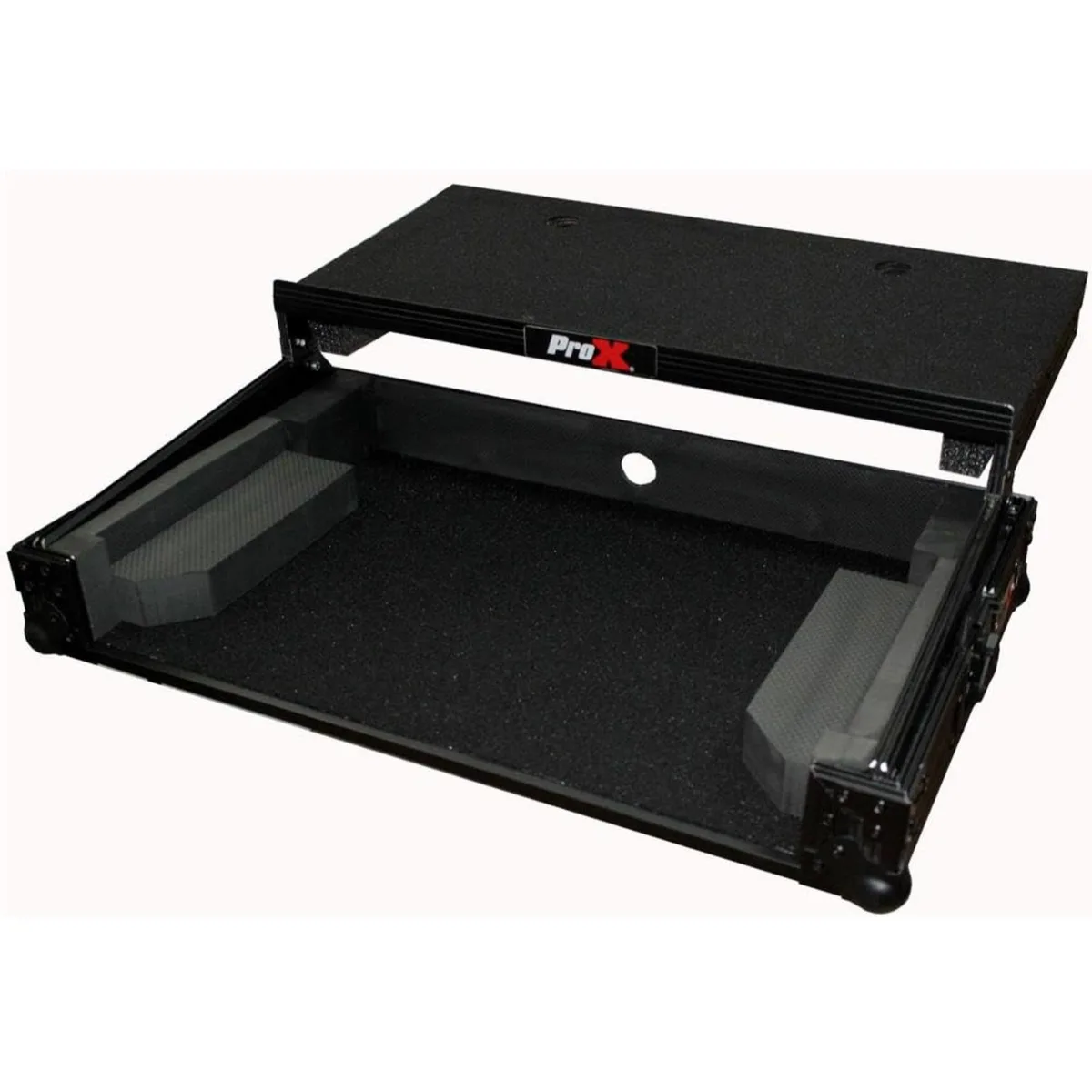 Black flight case with honeycomb finish and laptop shelf
