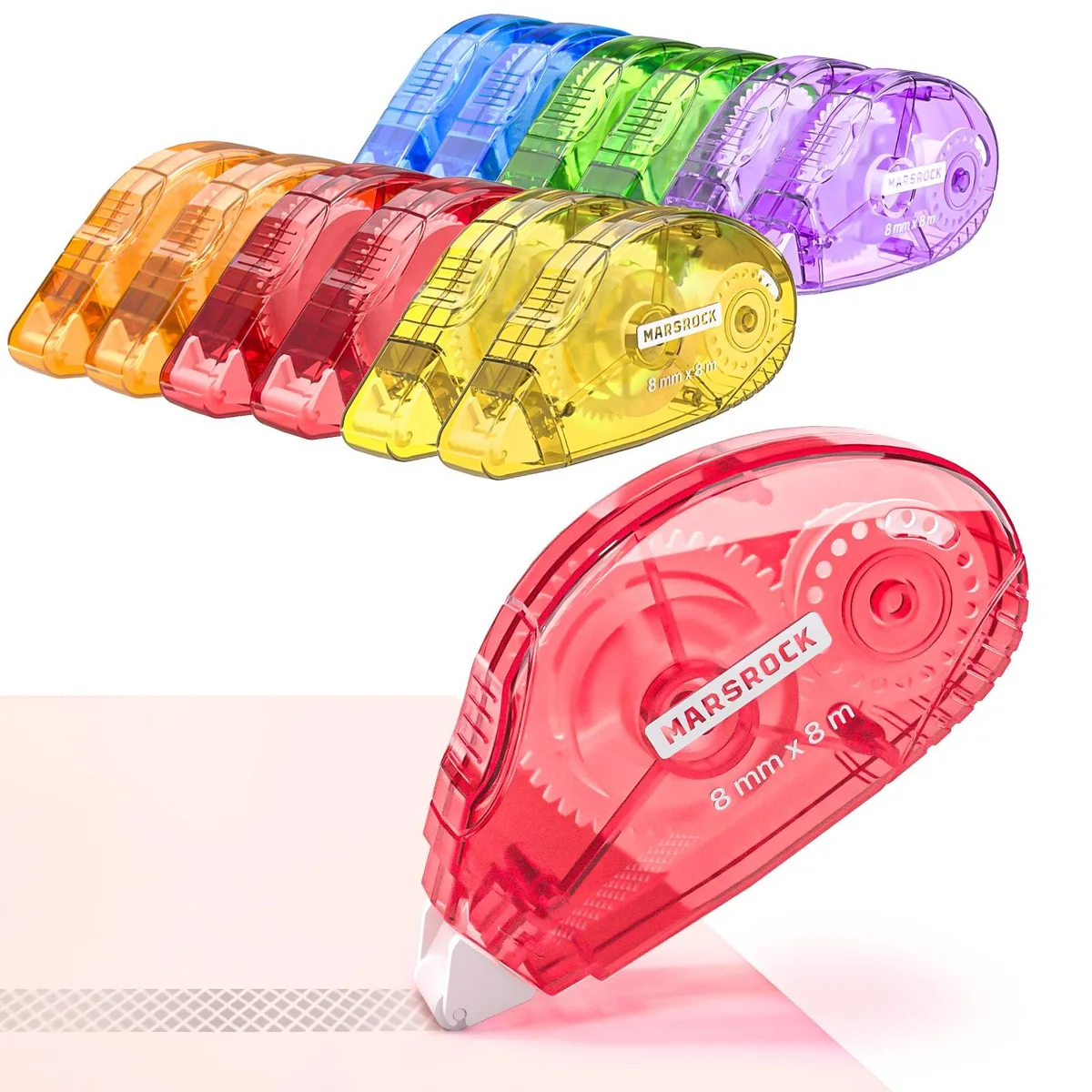 Twelve clear adhesive tape rollers, each 0.31 in wide by 26 ft long
