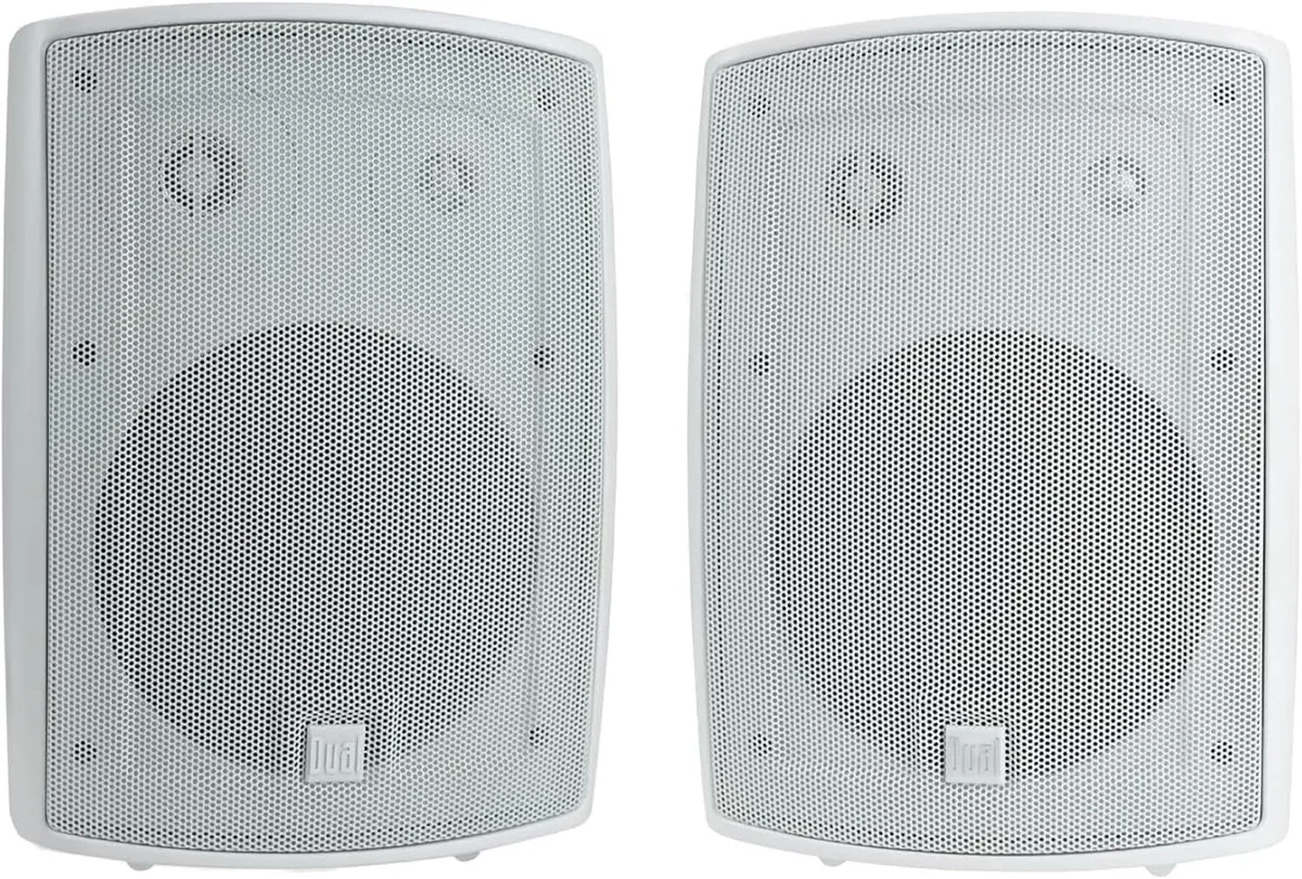 Pair of white rectangular on-wall speakers with black driver cones and swivel mounting brackets