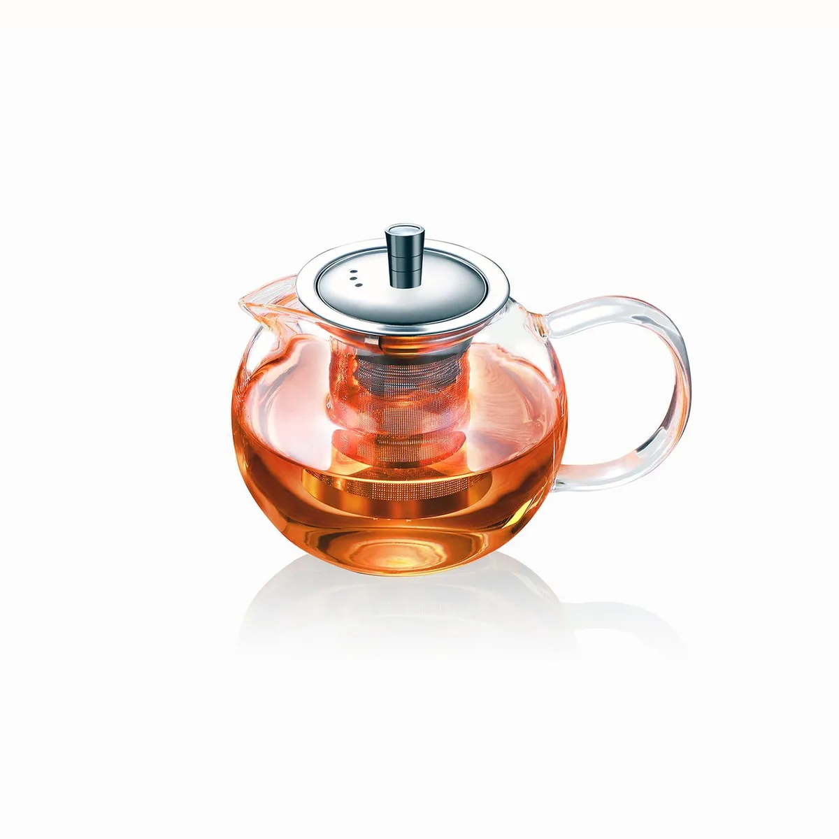 Clear borosilicate glass teapot with stainless steel infuser and ergonomic handle