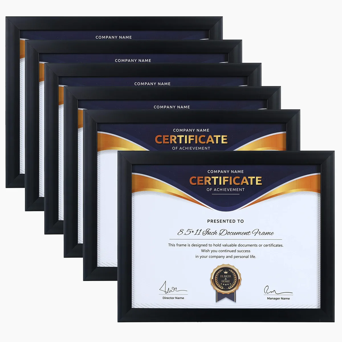 Six black 8.5x11 inch document frames with glass fronts and wood composite backs