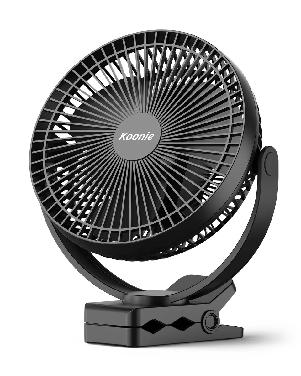 Black 8-inch clip-on fan with five blades, sturdy clamp and 360-degree rotatable head